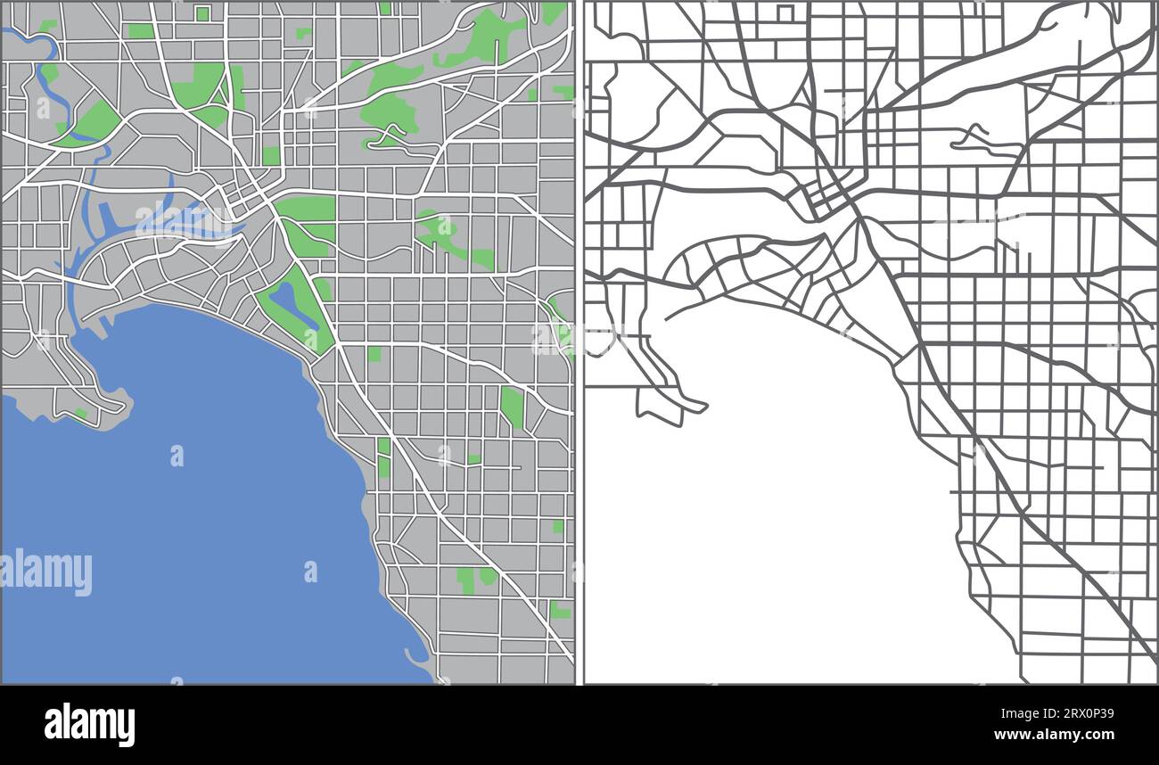 Mehrschichtige editierbare Vektorstreetmap von Melbourne, Australien, die Linien und farbige Formen für Land, Straßen, Flüsse und Parks enthält. Stock Vektor