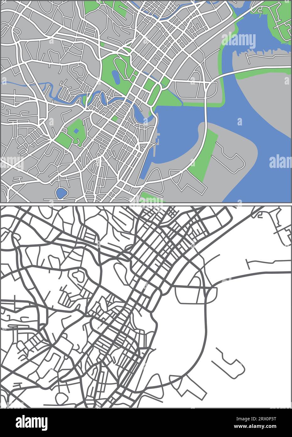 Mehrschichtige editierbare Vektorstreetmap von Singapur, die Linien und farbige Formen für Land, Straßen, Flüsse und Parks enthält. Stock Vektor