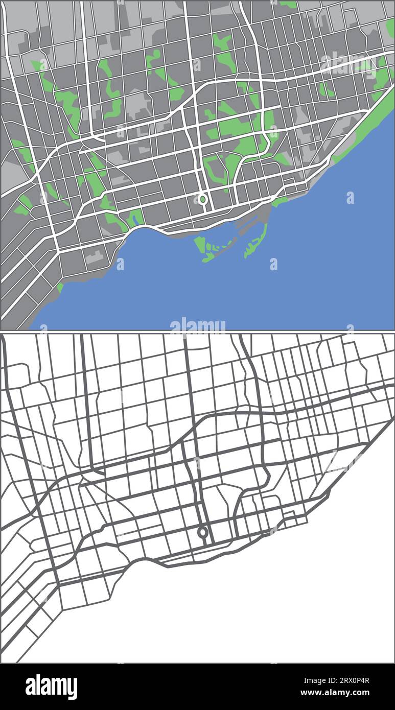 Geschichtete editierbare Vektorstreetmap von Toronto, Kanada, die Linien und farbige Formen für Ländereien, Straßen und Parks enthält. Stock Vektor
