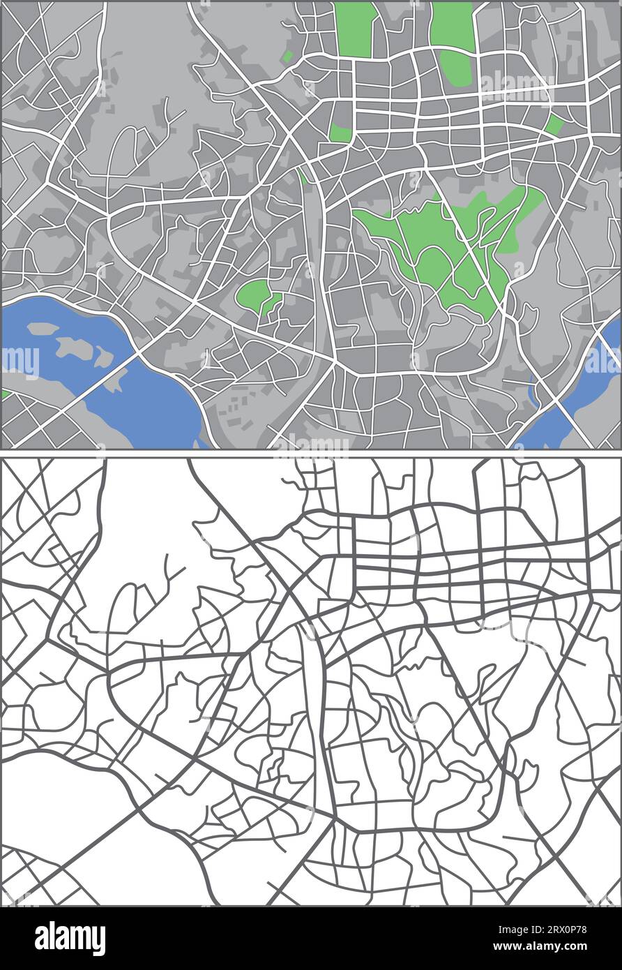 Geschichtete editierbare Vektorstreetmap von Seoul, Südkorea, die Linien und farbige Formen für Land, Straßen, Flüsse und Parks enthält.Seoul Stock Vektor