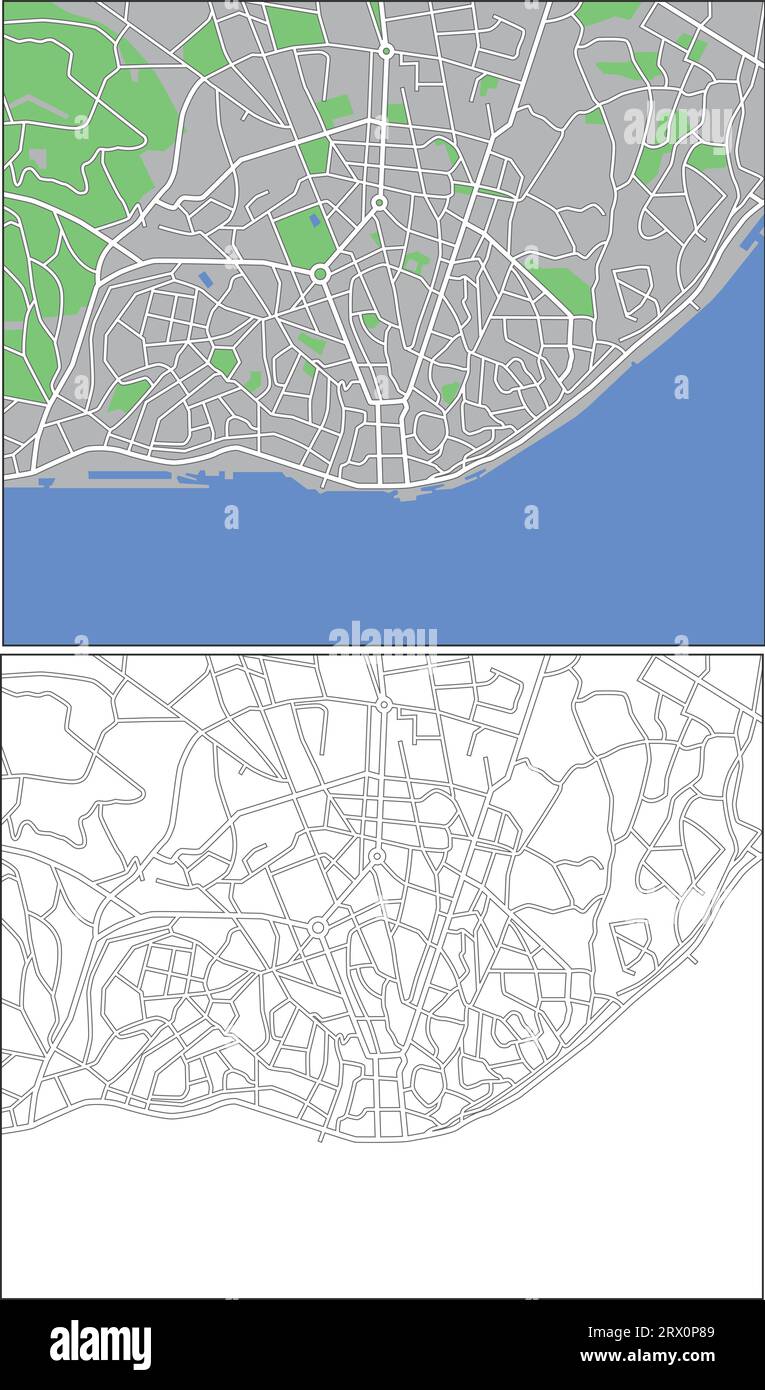 Geschichtete editierbare Vektorstraßenkarte von Lissabon, Portugal, die Linien und farbige Formen für Land, Straßen, Flüsse und Parks enthält. Stock Vektor