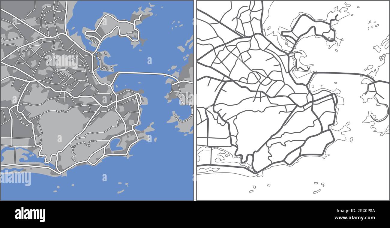 Mehrschichtige editierbare Vektorstreetmap von Rio de Janeiro, Brasilien, die Linien und farbige Formen für Land, Straßen, Flüsse und Parks enthält. Stock Vektor