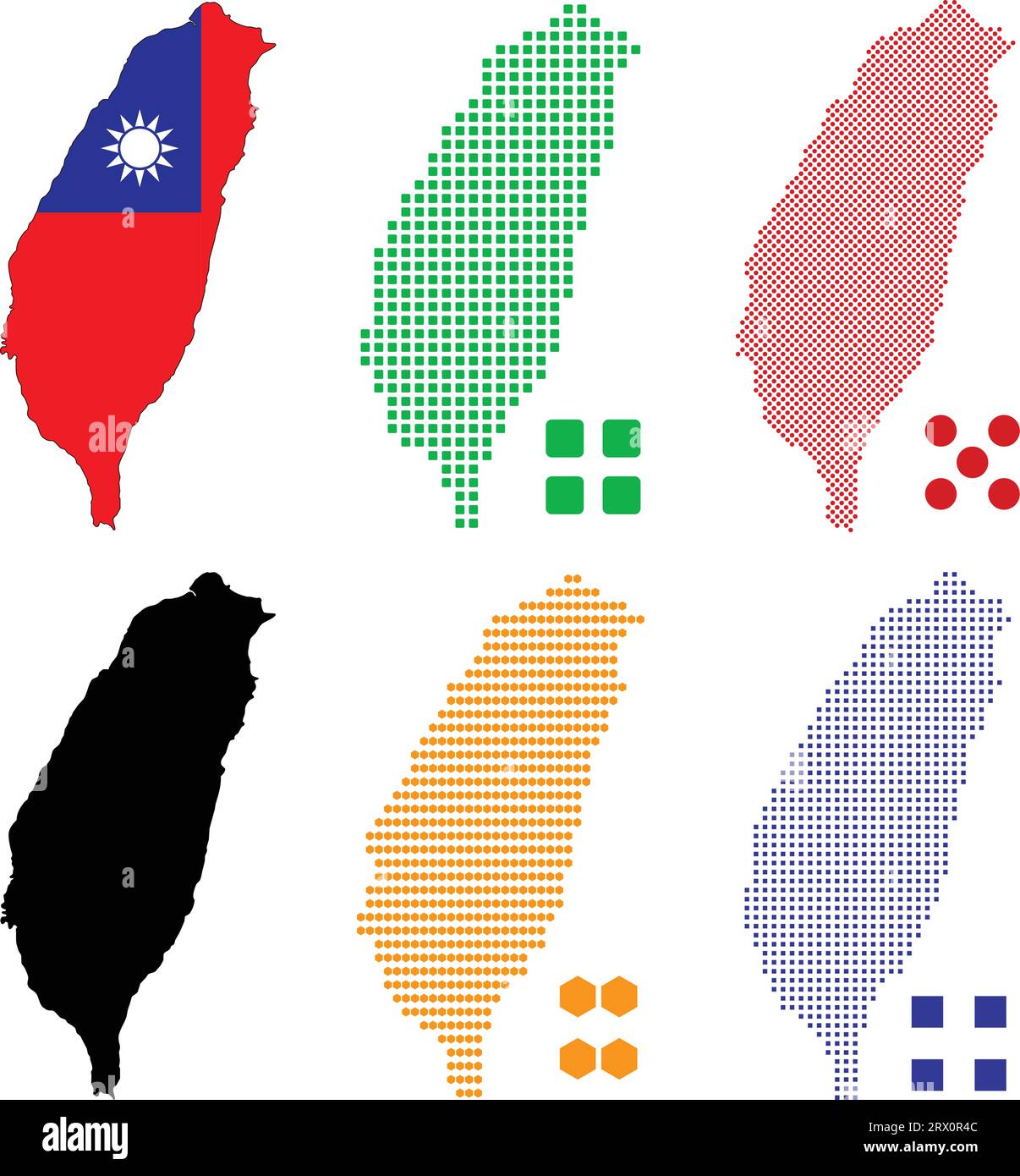 Geschichtete editierbare Vektorillustration Landkarte von Taiwan, die bunte Landesflaggenversion, schwarze Silhouettenversion und defferentes Pixel V enthält Stock Vektor