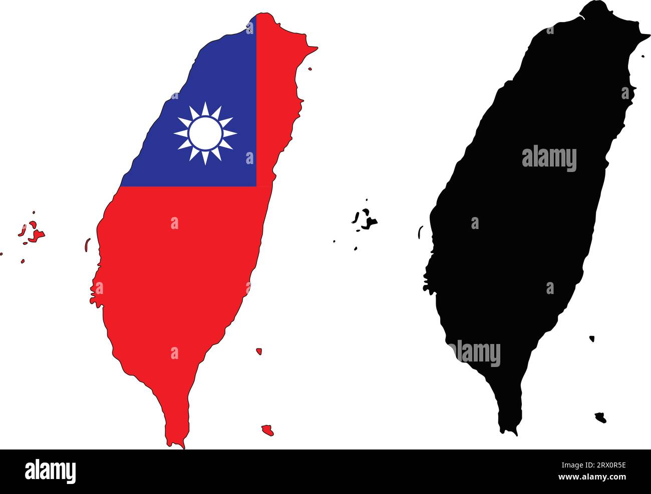 Geschichtete editierbare Vektor-Illustration Landkarte von Taiwan, die zwei Versionen enthält, bunte Landflagge Version und schwarze Silhouette Version. Stock Vektor