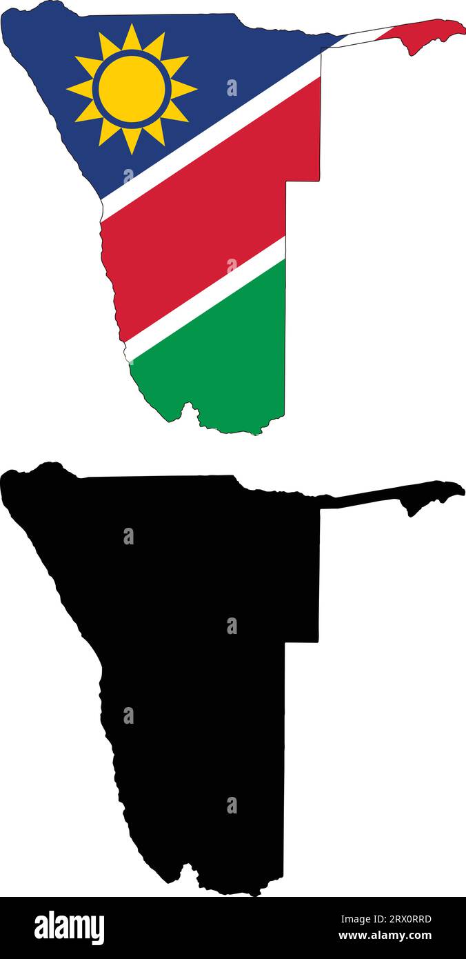 Geschichtete editierbare Vektorillustration Landkarte von Namibia, die zwei Versionen enthält, bunte Landflagge Version und schwarze Silhouette Version. Stock Vektor