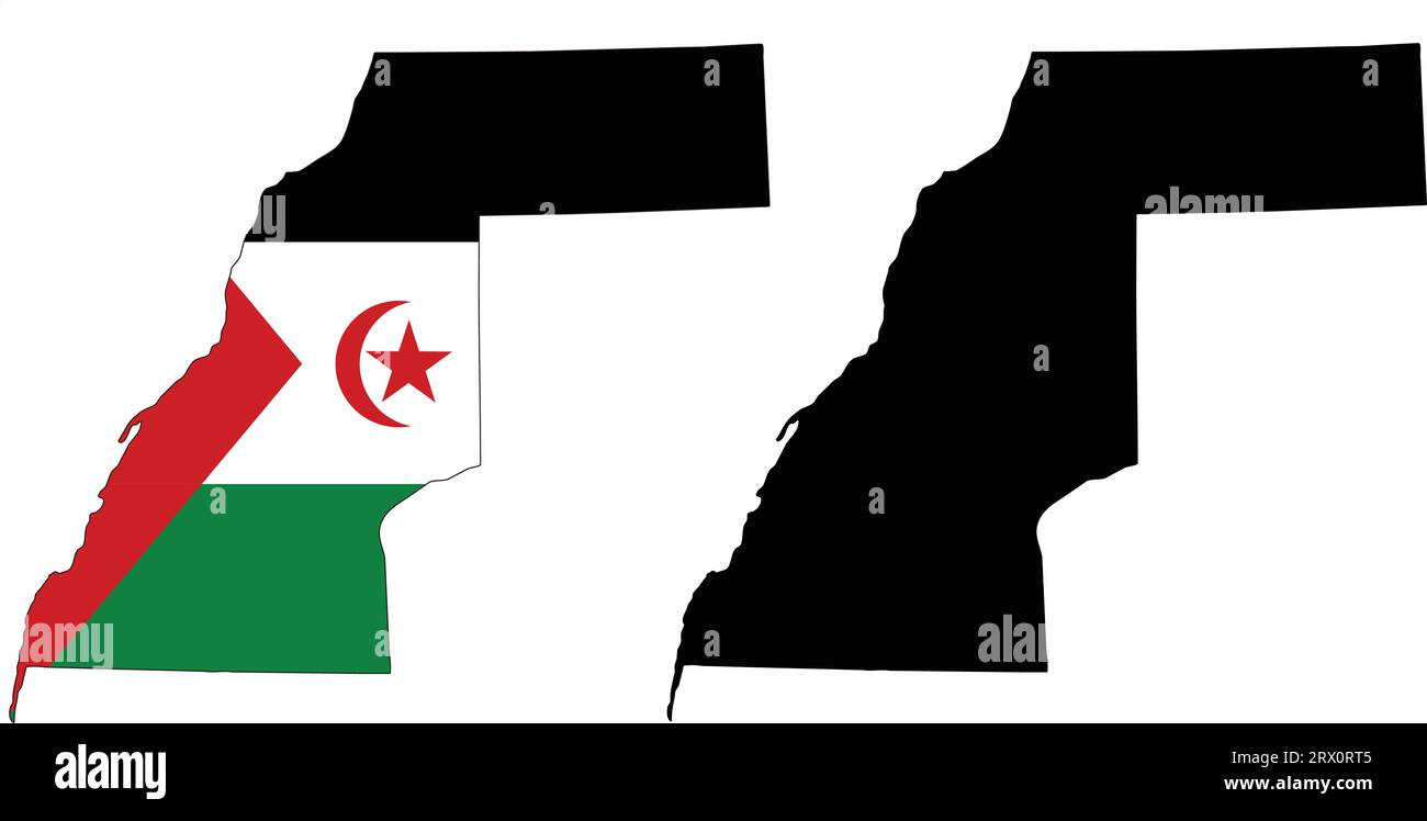 Geschichtete editierbare Vektorillustration Landkarte von Westsahara, die zwei Versionen enthält, bunte Landflagge Version und schwarze Silhouette ver Stock Vektor