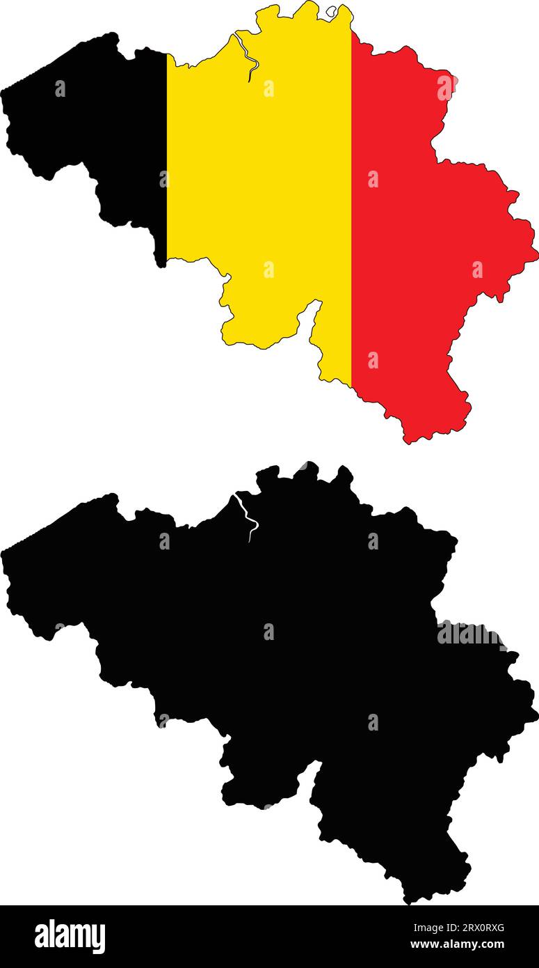 Geschichtete editierbare Vektorillustration Landkarte von Belgien, die zwei Versionen enthält, bunte Landflagge Version und schwarze Silhouette Version. Stock Vektor