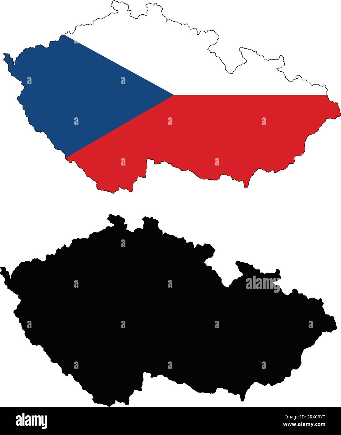 Geschichtete editierbare Vektorillustration Landkarte von Tschechisch, die zwei Versionen enthält, bunte Landflagge Version und schwarze Silhouette Version. Stock Vektor