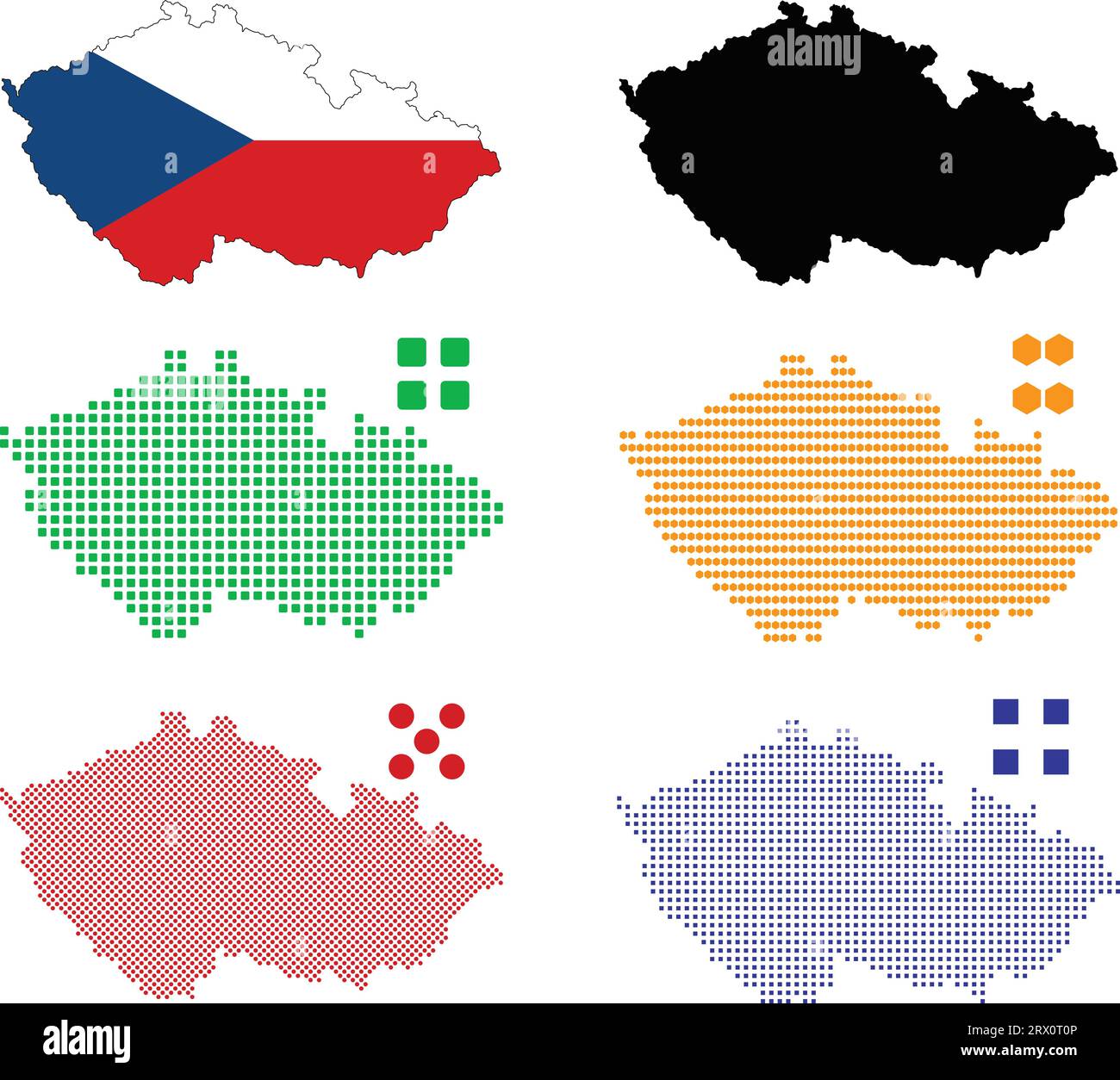 Geschichtete editierbare Vektorillustration Landkarte von Tschechisch, die bunte Landesflaggenversion, schwarze Silhouettenversion und defferentes Pixel ve enthält Stock Vektor