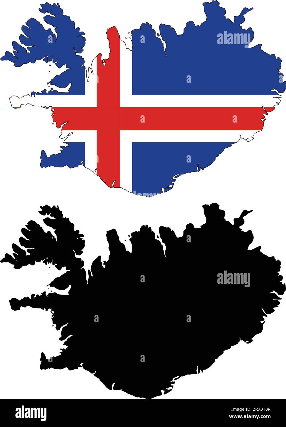 Geschichtete editierbare Vektorillustration Landkarte von Island, die zwei Versionen enthält, bunte Landflagge Version und schwarze Silhouette Version. Stock Vektor