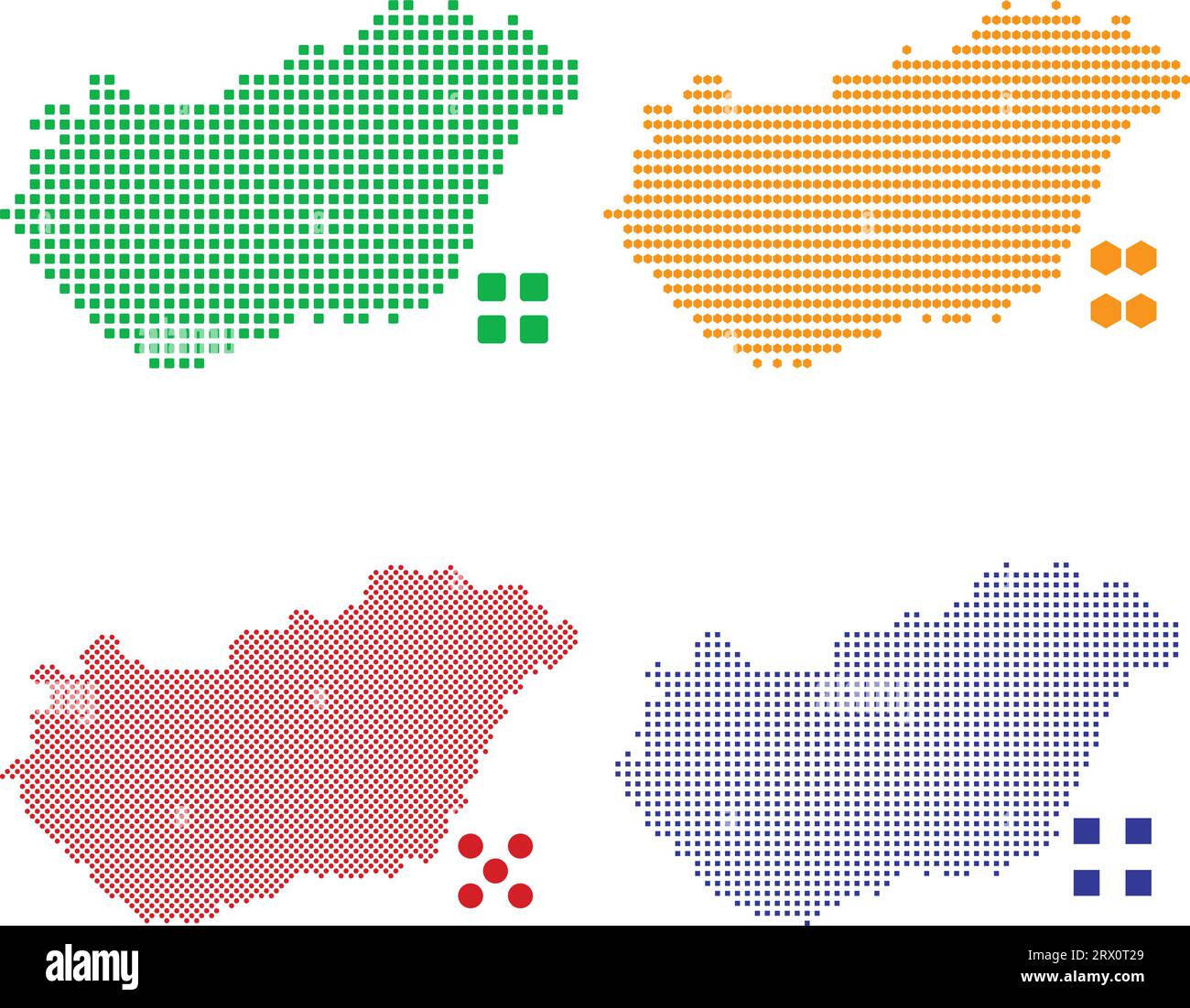Geschichtete editierbare Vektorillustration Länderkarte von Ungarn, die vier verschiedene Pixelversionen enthält, kann als Hintergrund oder Material verwendet werden. Stock Vektor
