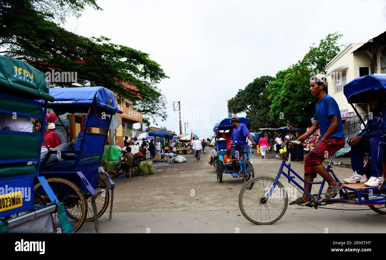 Fahrrad-Rikscha in Moramanga, Madagaskar. Stockfoto