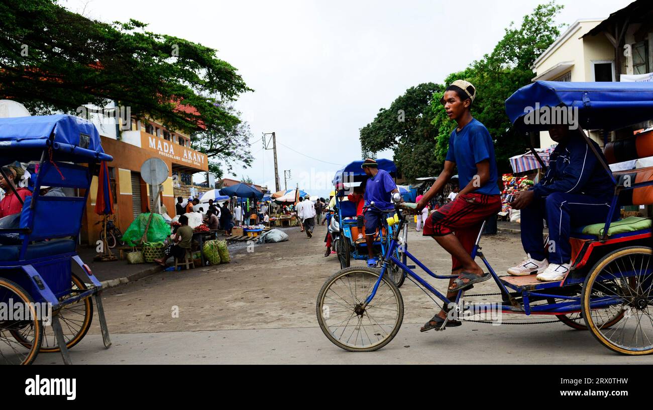 Fahrrad-Rikscha in Moramanga, Madagaskar. Stockfoto