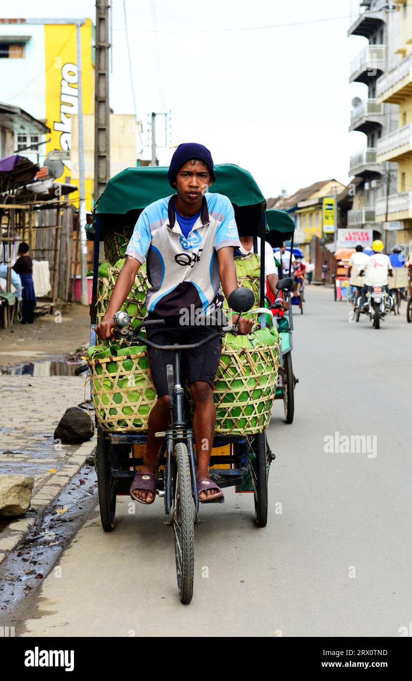 Transport von Obst und Gemüse auf einer Fahrradrikscha in Moramanga, Madagaskar. Stockfoto