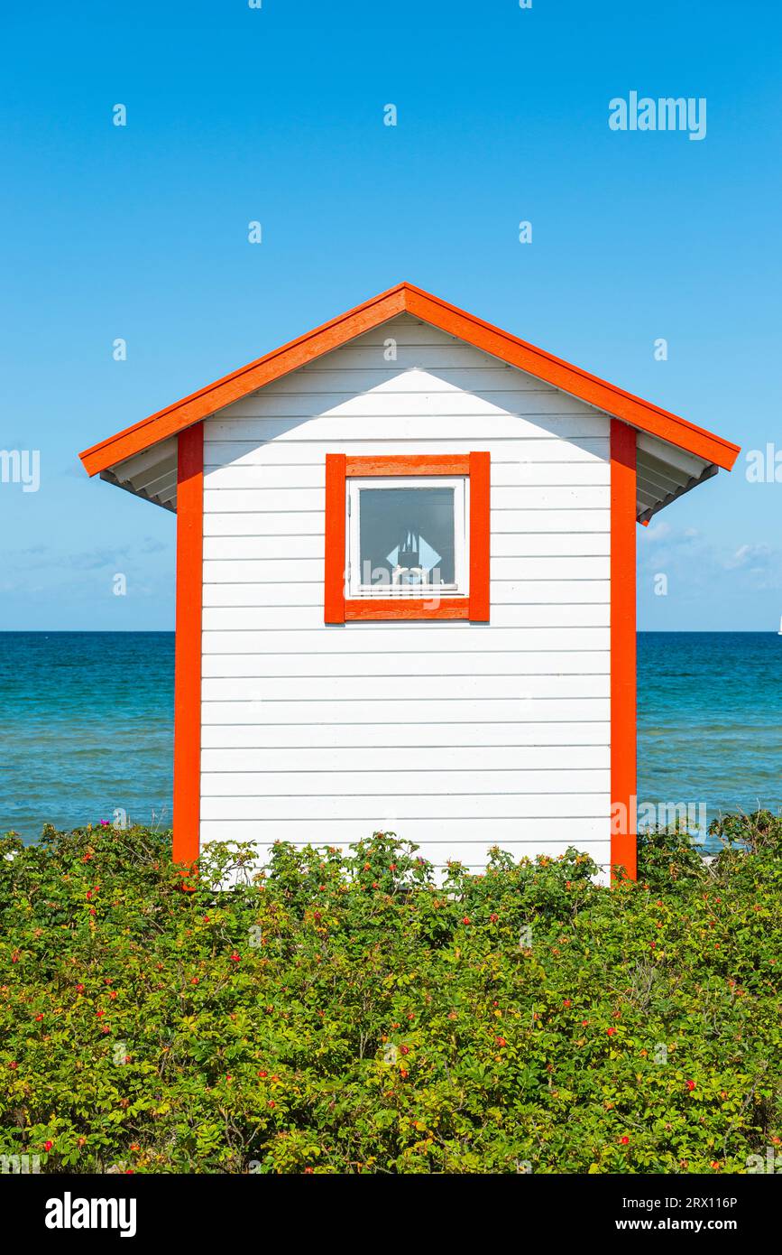 Frontalblick auf die Rückseite einer weiß-orangen Holzbadehütte am Strand von Skanör med Falsterbo am Öresund in der Morgensonne, Skåne, Schweden Stockfoto