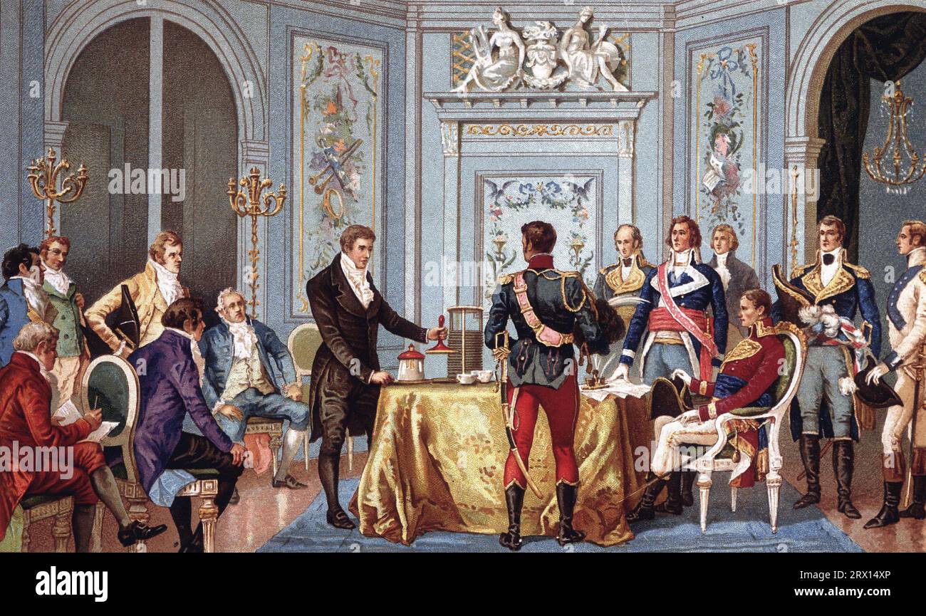 Alessandro Volta demonstrierte seinen Voltaikstapel vor dem ersten Konsul Napoleon Bonaparte 1801 Stockfoto