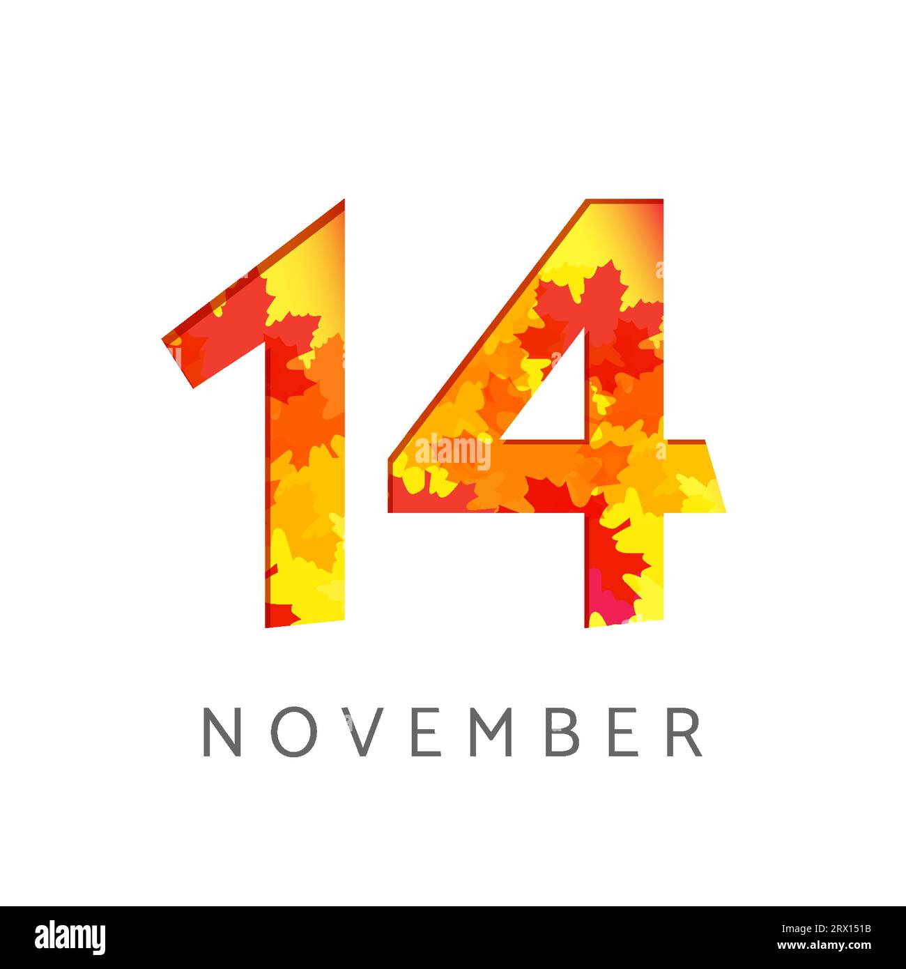 Kalendernummer-Logo vom 14. November. Herbstschild-Konzept. Planer- oder Bannervorlage. Symbol 1 und 4. Kreatives Symbol mit Herbstlaub. Saisonales Emblem Stock Vektor