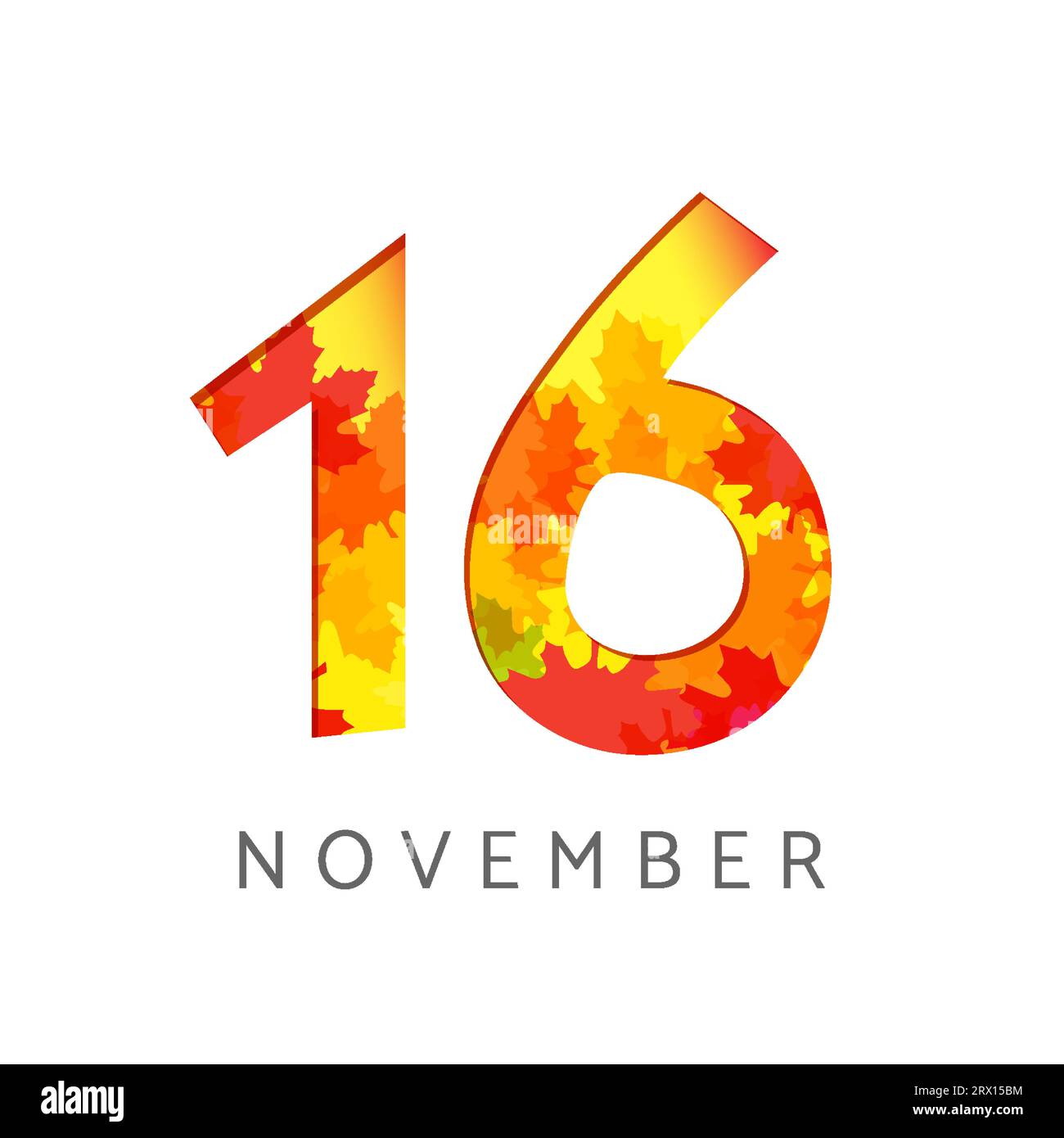 Kalendernummer-Logo vom 16. November. Herbstschild-Konzept. Planer- oder Bannervorlage. Symbol 1 und 6. Kreatives Symbol mit Herbstlaub. Saisonales Emblem. Stock Vektor