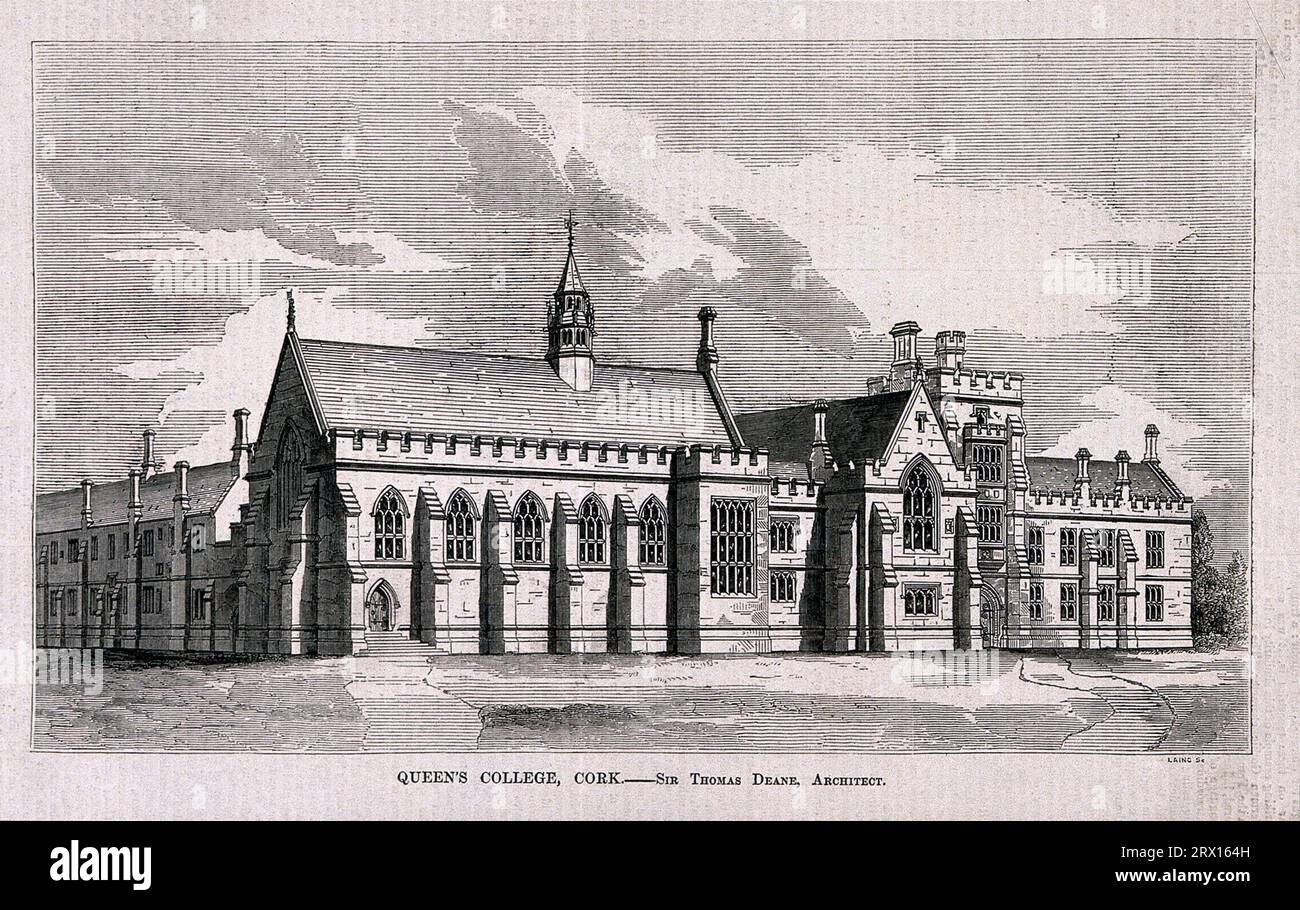 Queen's College, Cork Ireland, Holzstich von C.D. Laing nach Thomas Deane, 1848 Stockfoto