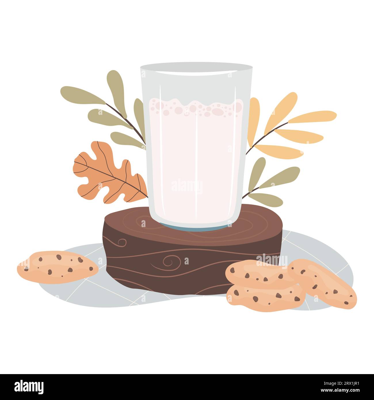 Milch und Kekse. Glas Milch. Frühstückskonzept. Gemütliches Herbsttagkonzept. Stock Vektor