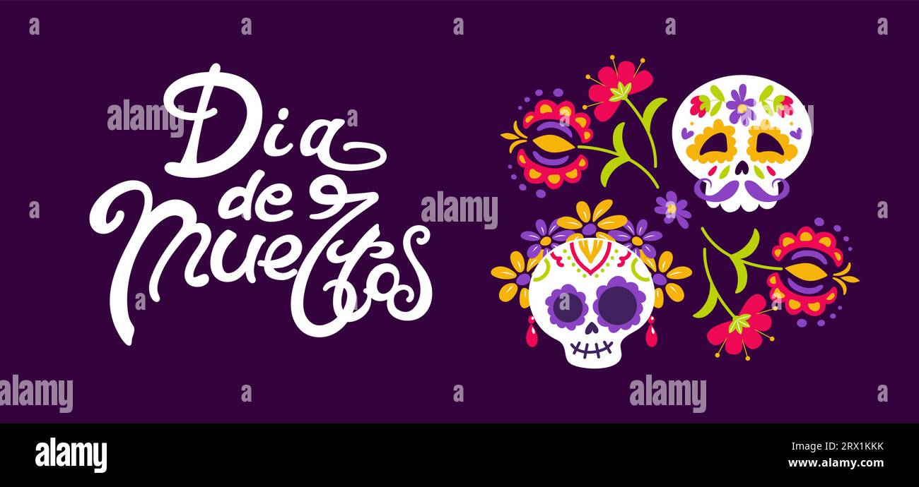 Tag der Toten. Dia de Muertos. Catrina, männlicher und weiblicher Garbancera-Schädel, festliches Skelett, die knöcherne Tänzerin. Horizontales Banner im Vintage-Stil. Für Stock Vektor