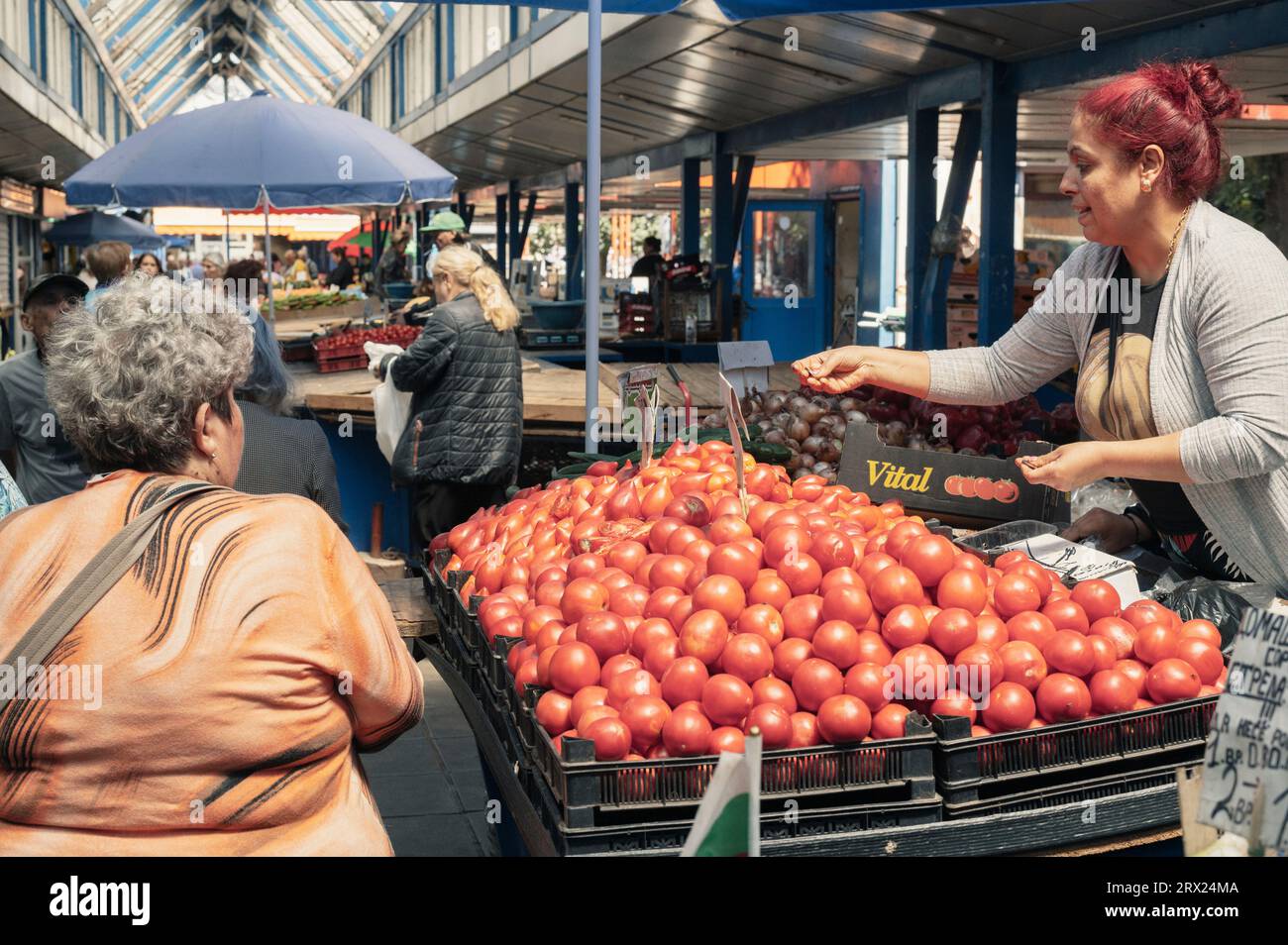 Sofia, Bulgarien. August 2023. Szenen des täglichen Lebens auf einem Obst- und Gemüsemarkt in der Hauptstadt Stockfoto