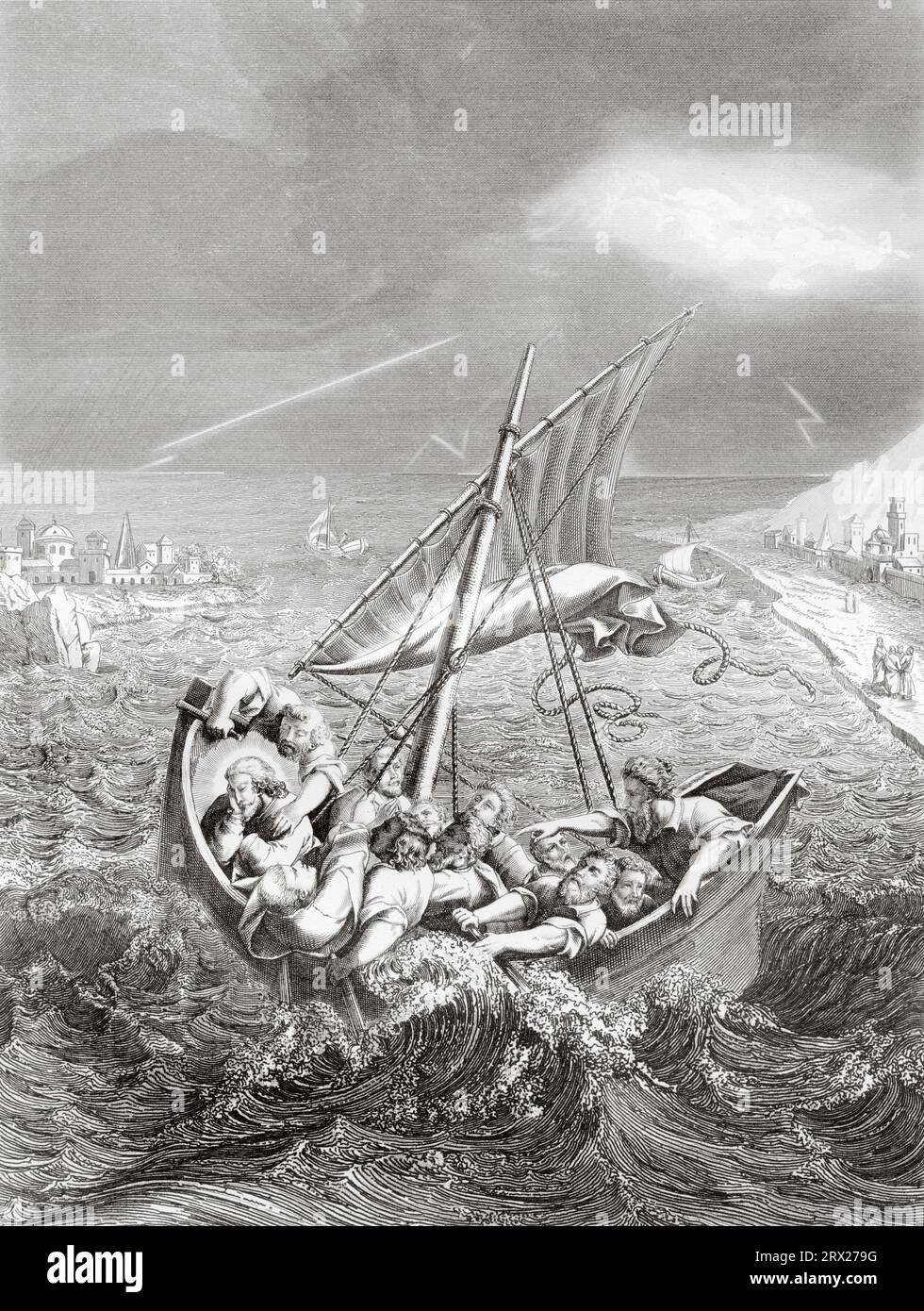 Jesus beruhigt den Sturm auf dem Galiläischen Meer. Illustration für das Leben unseres Herrn Jesus Christus, geschrieben von den vier Evangelisten, 1853 Stockfoto