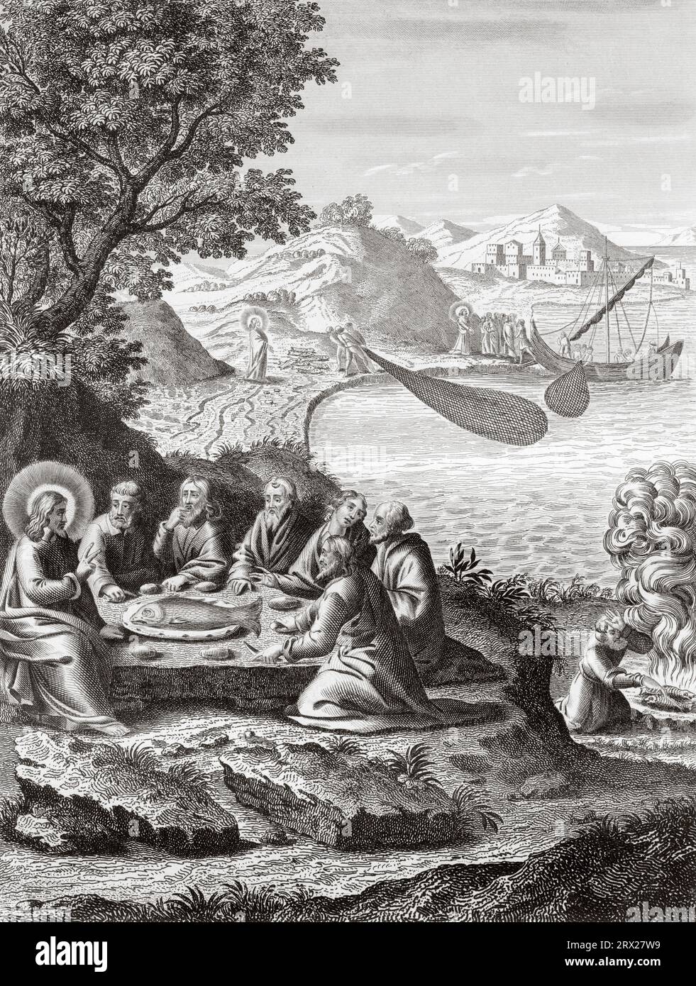 Jesus isst mit seinen Jüngern im Galiläischen Meer. Illustration für das Leben unseres Herrn Jesus Christus, geschrieben von den vier Evangelisten, 1853 Stockfoto