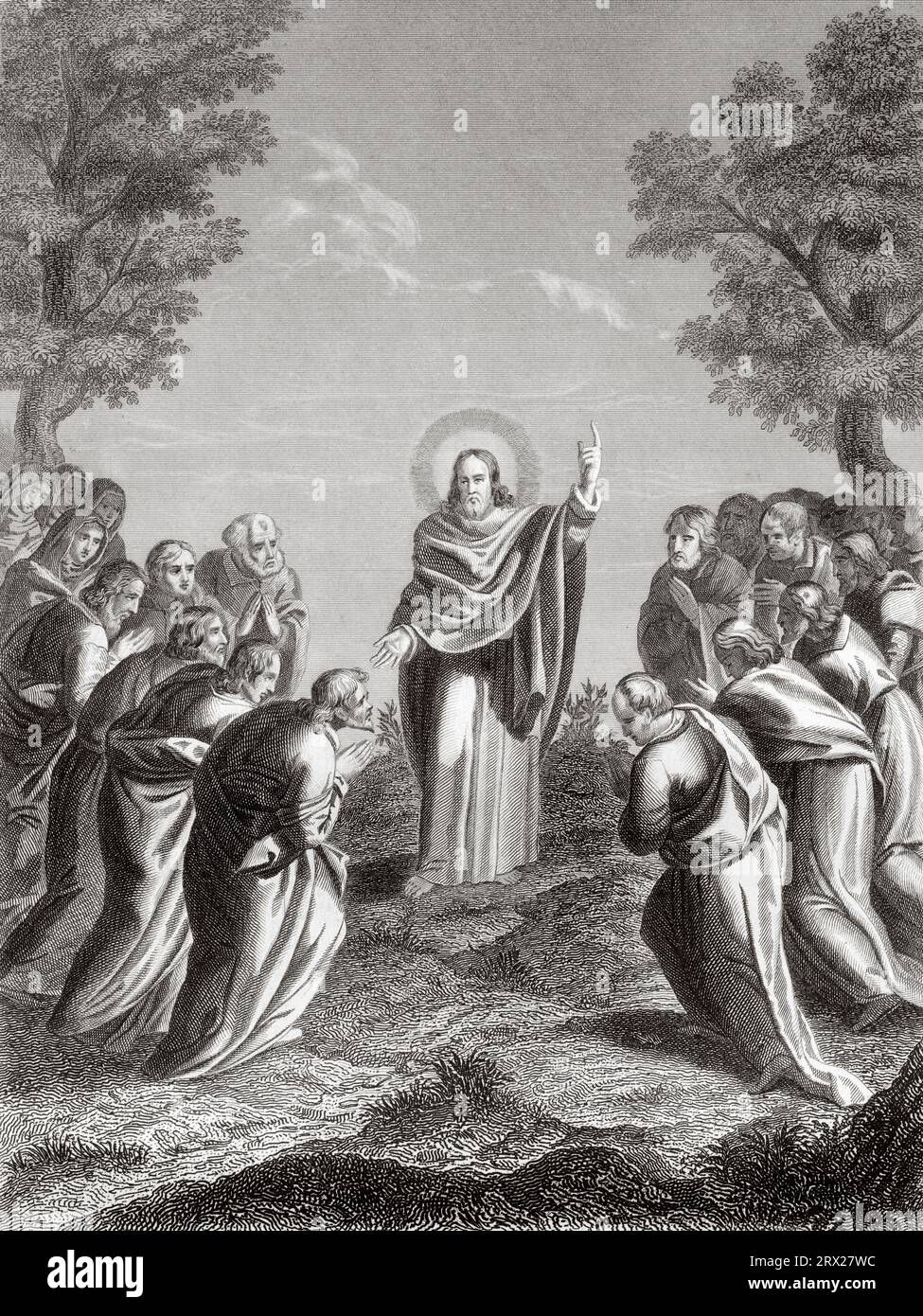 Jesus erscheint den elf Aposteln auf einem Berg in Galiläa. Illustration für das Leben unseres Herrn Jesus Christus, geschrieben von den vier Evangelisten, 1853 Stockfoto