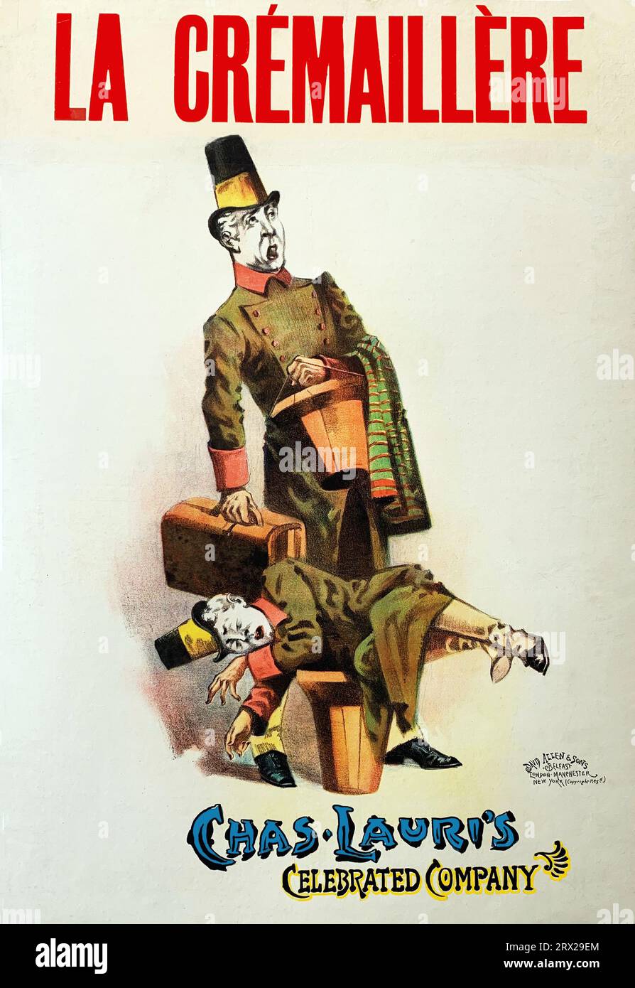 La Cremaillère, Ch. Lauris gefeierte Kompanie, um 1900. Vintage-Poster für eine Comic-Theateraufführung. Die beiden Charaktere auf dem Poster, die größere, sind total pompös, während die jüngere sich unter ihn drückt. Stockfoto