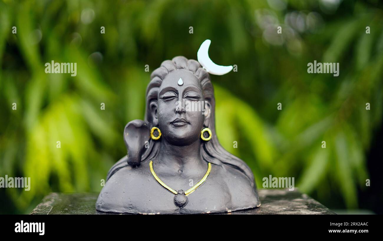 Lord Ganesha, Adiyogi und maa Durga Idol oder Statue isoliert auf grünen Blättern Hintergrund. Indisches Festivalkonzept. Stockfoto