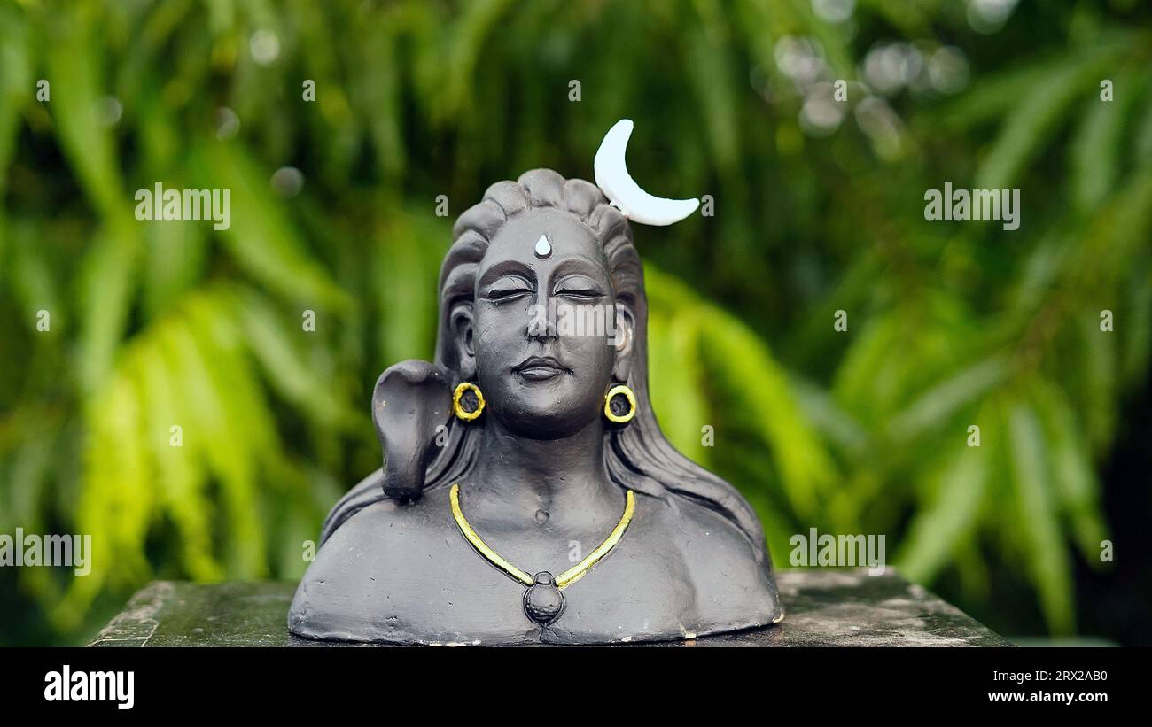 Lord Ganesha, Adiyogi und maa Durga Idol oder Statue isoliert auf grünen Blättern Hintergrund. Indisches Festivalkonzept. Stockfoto