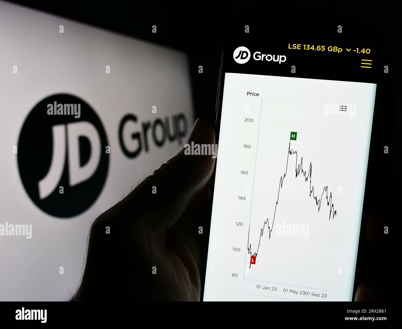 Person, die ein Mobiltelefon mit Webseite des britischen Einzelhandelsunternehmens JD Sports Fashion plc auf dem Bildschirm mit Logo hält. Konzentrieren Sie sich auf die Mitte der Telefonanzeige. Stockfoto