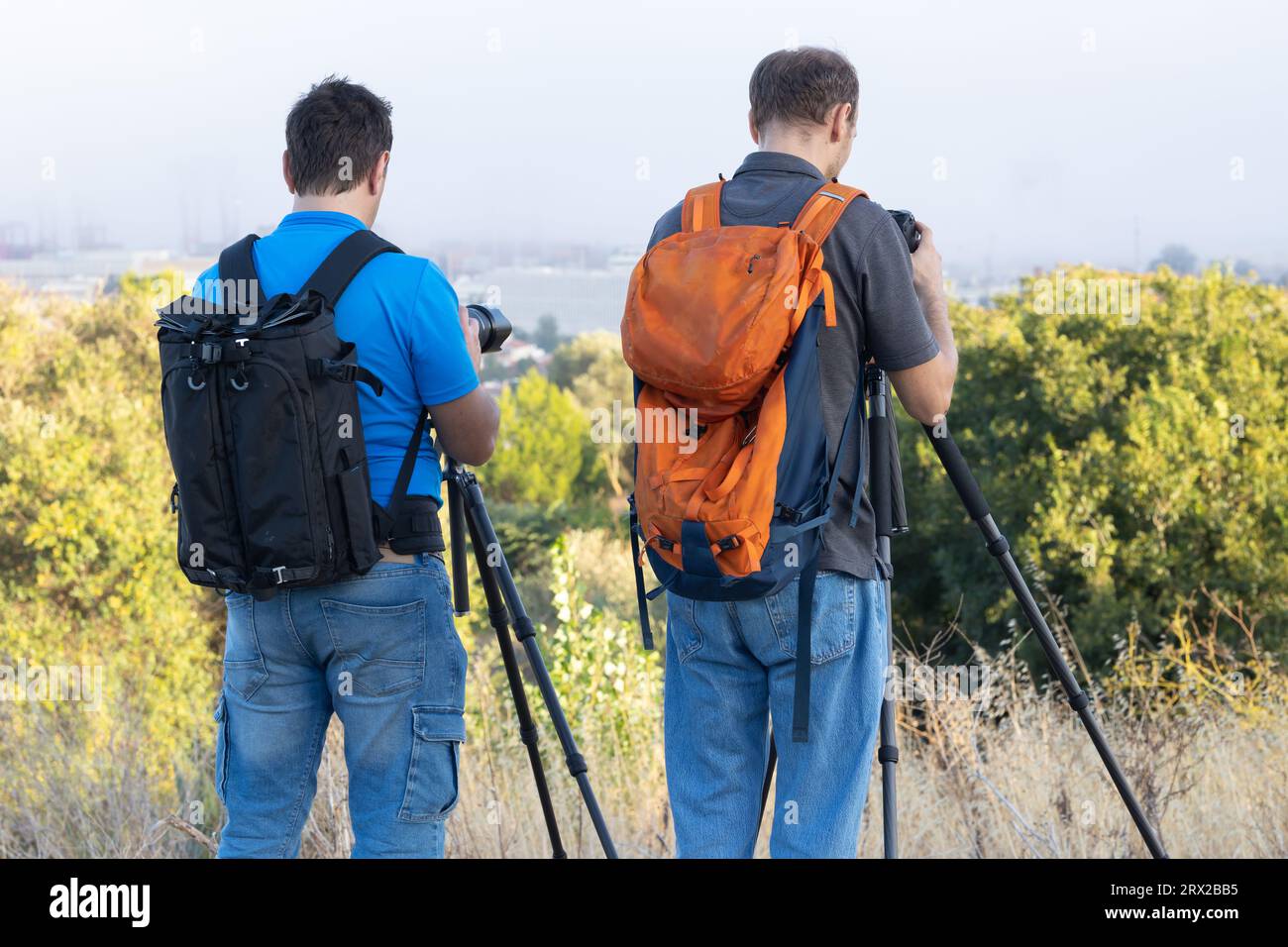 Zwei Fotografen fotografieren auf dem Hügel. Mittlere Aufnahme Stockfoto