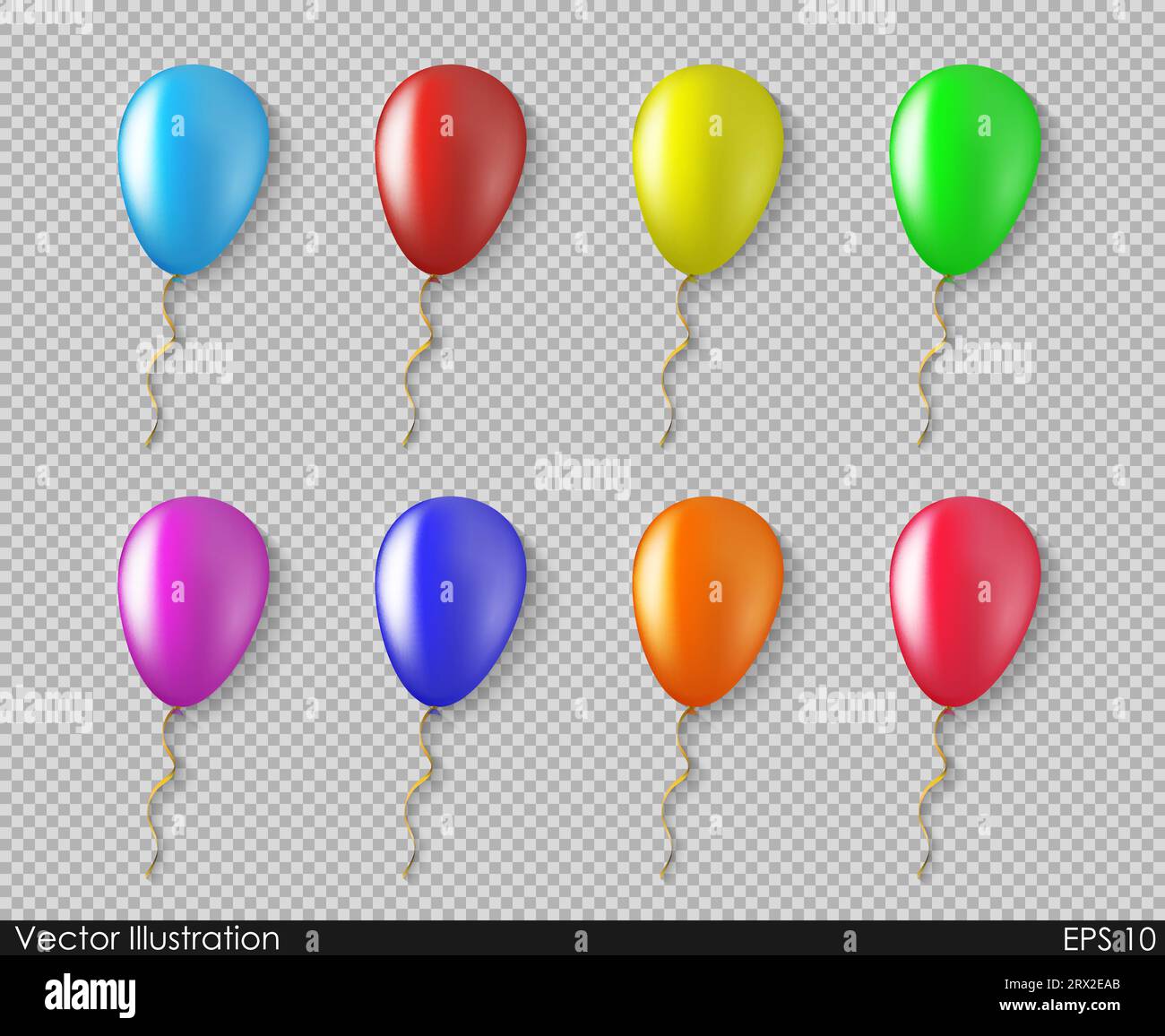 Ballons bunte Sammlung von Vektoren, die in einem realistischen Stil mit transparentem Hintergrund isoliert wurden. Festlicher Dekorationsartikel für Geburtstage und andere Ho Stock Vektor
