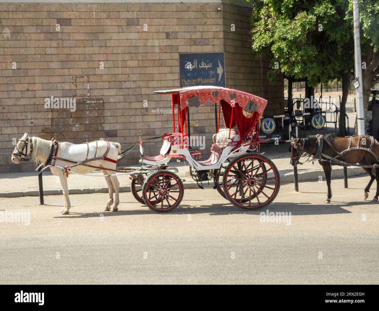 Eine Pferdekutsche wartet auf Passagiere im Nubischen Museum in der Stadt Assuan, Ägypten, Nordafrika, Afrika Stockfoto