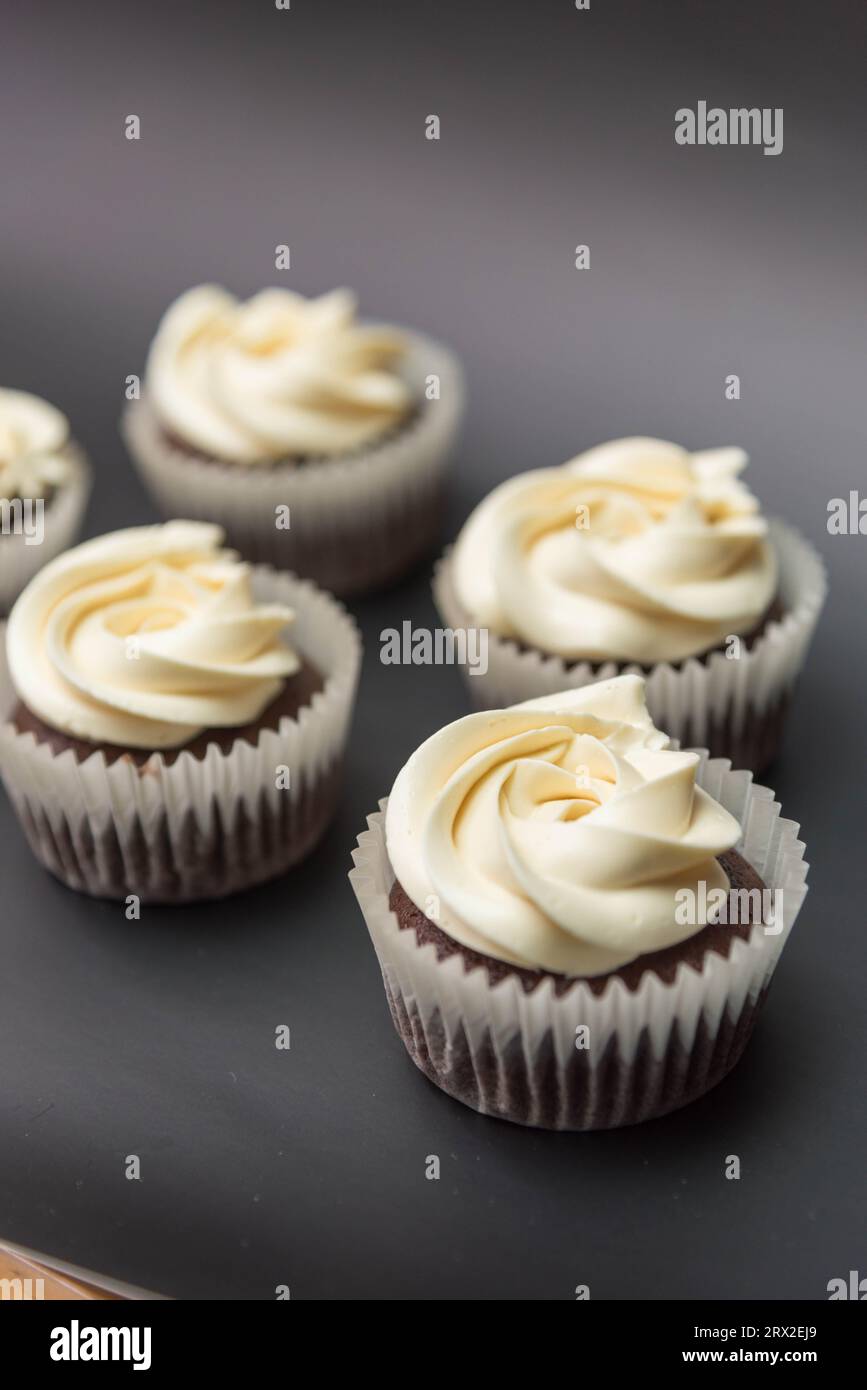 Schokoladen-Cupcakes mit rosafarbener Buttercreme Stockfoto