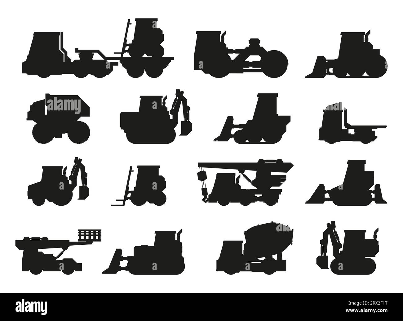 Silhouetten für Industriefahrzeuge. Schwere Baumaschinen flach, Transport Baumaschinen hydraulischer Planierraupen Baggerlader. Vektor-isolierte Sammlung. Industriefahrzeug für den Bau Stock Vektor