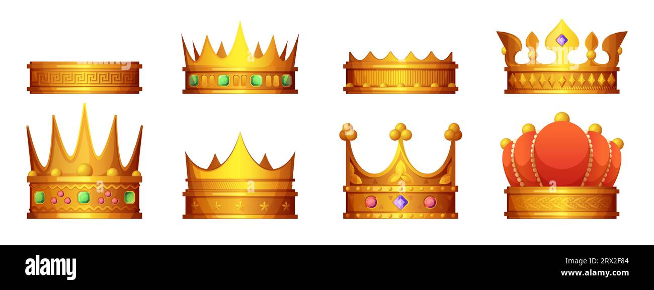 Königliche Krone. Comic King edle Ritter Prinzessin Kopf Dekorationen, antike königliche Krone mit Juwelen, Tiara in flacher Stil. Vektor-isolierte Reihe von Krone königliche und edle Illustration Stock Vektor