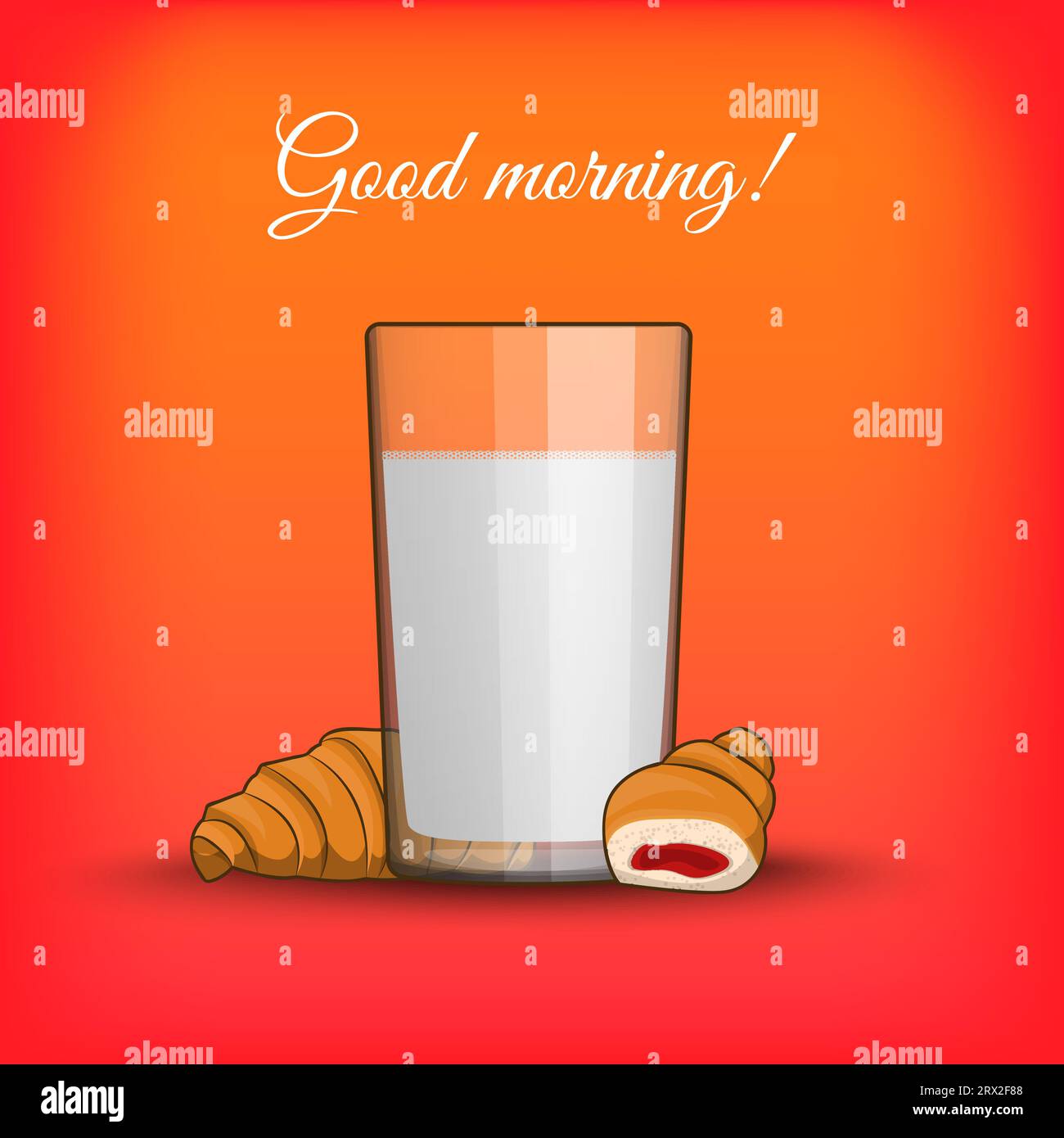 Guten Morgen, Frühstückscroissant mit Milch in einer transparenten Tasse isoliert. Vektor-Illustration zum Thema Morgenessen, Dessert und Frische Mil Stock Vektor