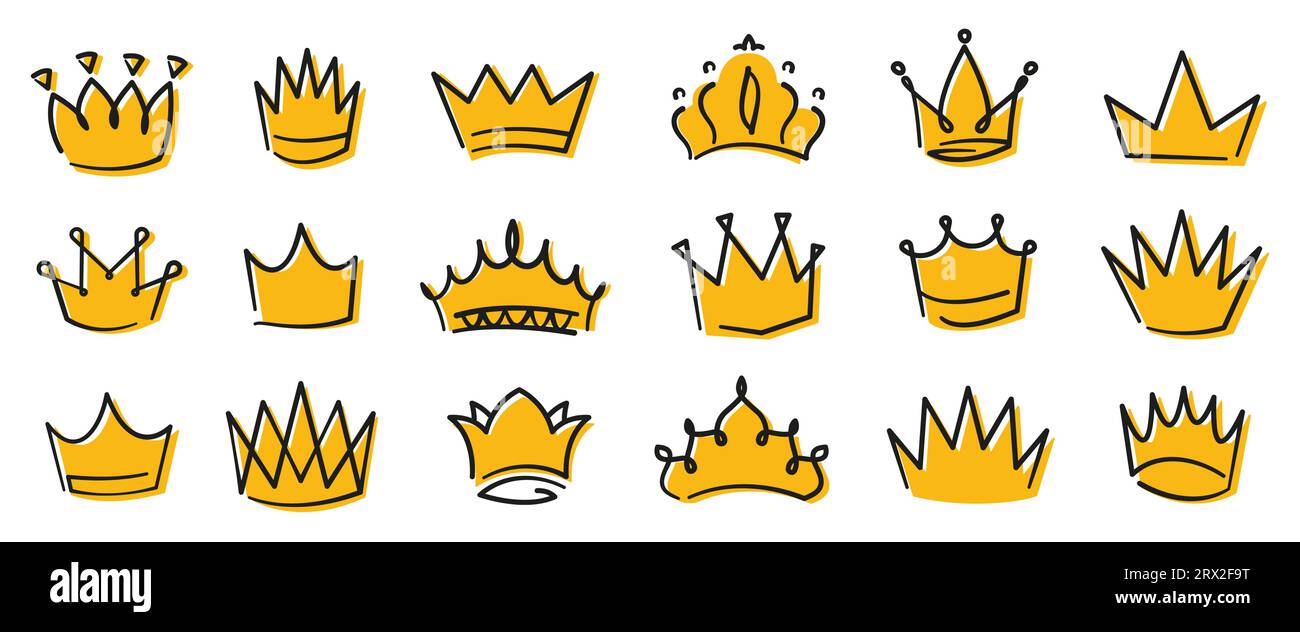 Gelbe Kronenskizze. Mittelalterliches königliches Diadem, Graffiti-Königskrone und Prinzessin-Diadem. Hand gezeichnete Doodle Luxus Monarch Logo Vektor-Set der mittelalterlichen Krone Königin Illustration Stock Vektor