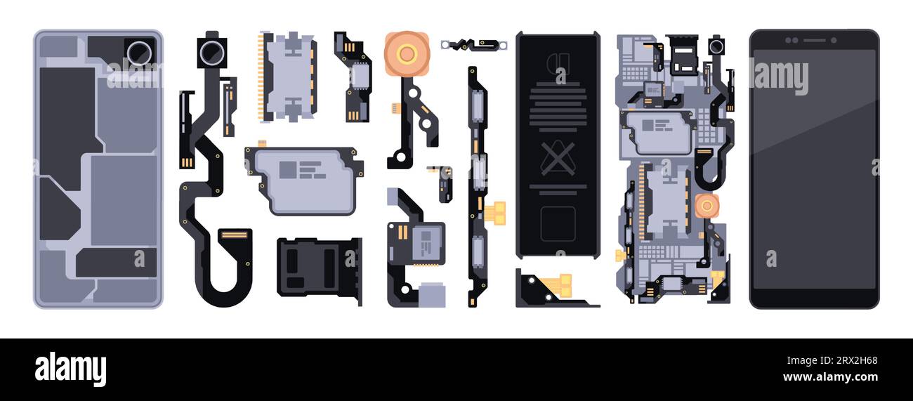 Demontage-Teile des Telefons. Smartphone offen und geschlossen, Mobilgerät mit Kamera und Speicherelementen, elektronischer Gerätedienst. Vektorsatz. Reparatur von Mobiltelefonkomponenten, elektronischer Service Stock Vektor