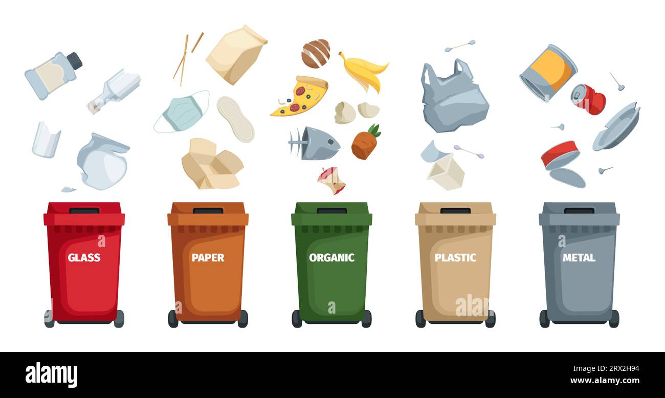 Mülltonnen recyceln. Cartoon Recycling Abfallentsorgungsbehälter, Recycling Abfallentsorgungskorb mit verschiedenen Abfallarten, Abfalltrennkonzept. Vektorsatz. Glas, Papier, organische Behälter Stock Vektor