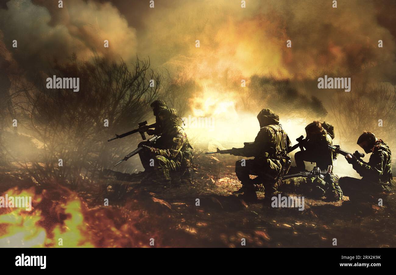 Militär, Männer und Krieg mit Feldfeuer und Gefahr, Gewehr für Ziel und Waldschlachten für Armeedienst und Mission oder Apokalypse. Soldat, Gruppe und Stockfoto