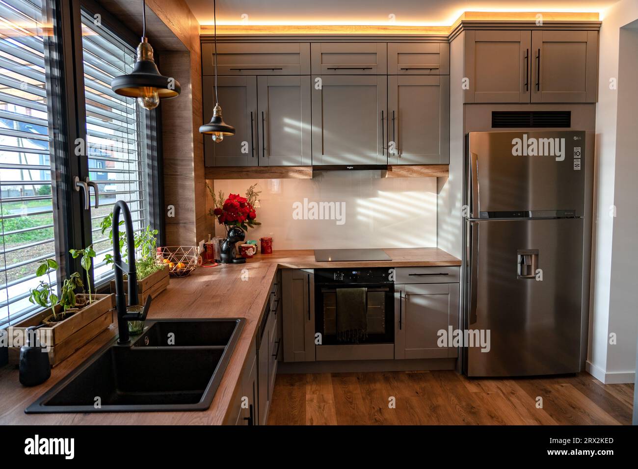 Moderne Küche mit Naturatmosphäre, Holzfelsen und Pflanzen. Stockfoto