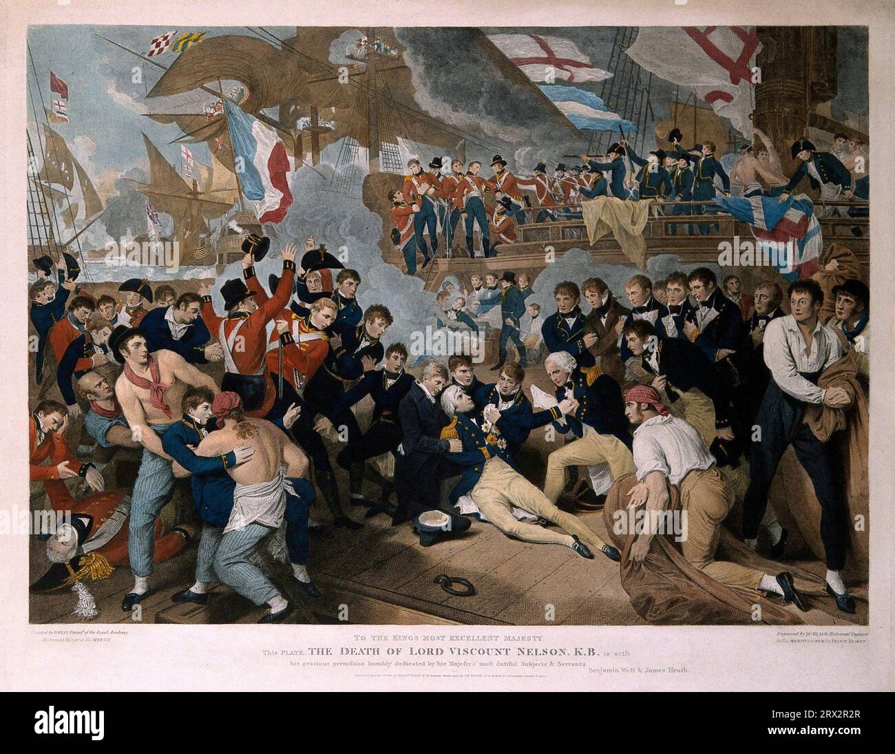 Der Tod von Lord Nelson, 1758 – 1805, auf dem Vierteldeck an Bord der HMS Victory in der Schlacht von Trafalgar, Farbstich von J. Heath nach Benjamin West, 1811 Stockfoto