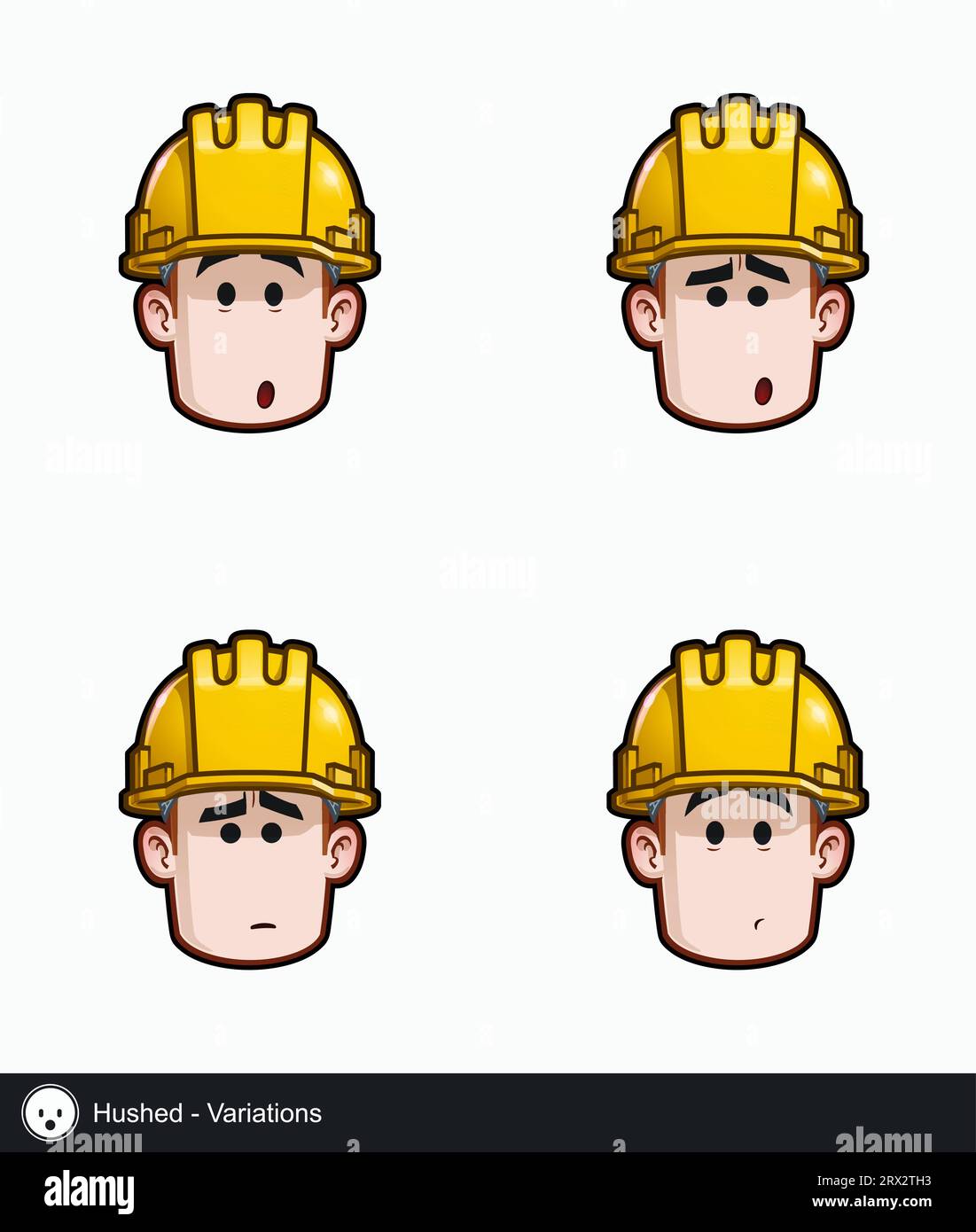 Symbolset eines Bauarbeiters mit verdeckten emotionalen Ausdrucksvarianten. Alle Elemente sind auf gut beschriebenen Ebenen und Gruppen übersichtlich. Stock Vektor