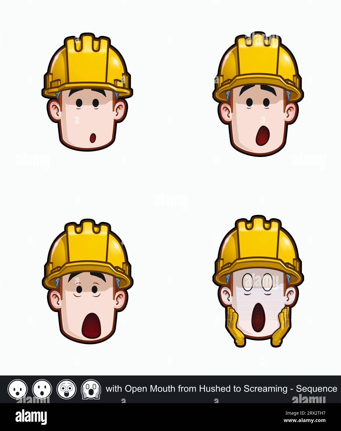 Icon-Set eines Bauarbeitergesichts mit offenem Mund von geheim zu schreiendem emotionalem Ausdruck in Folge. Alle Elemente auf Well des Stock Vektor