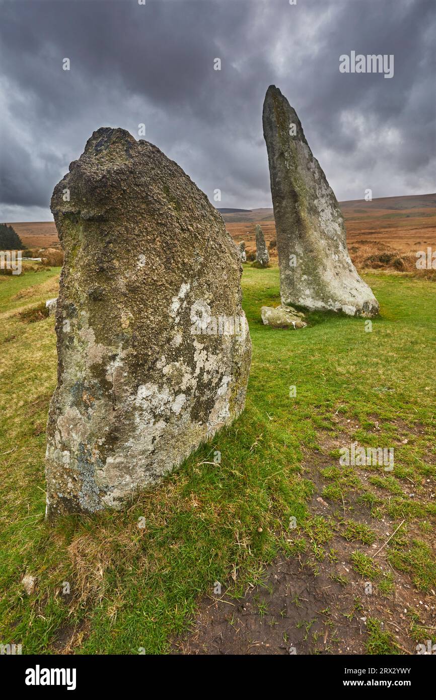 Scorhill Stone Circle, antike Steine in einem prähistorischen Steinkreis, auf offenem Moorland, Scorhill Down, in der Nähe von Chagford, Dartmoor National Park, Devon Stockfoto