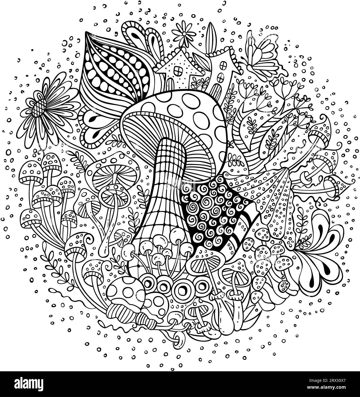 Herbstliche schwarze Linienzeichnung im Doodle-Stil Stockfoto